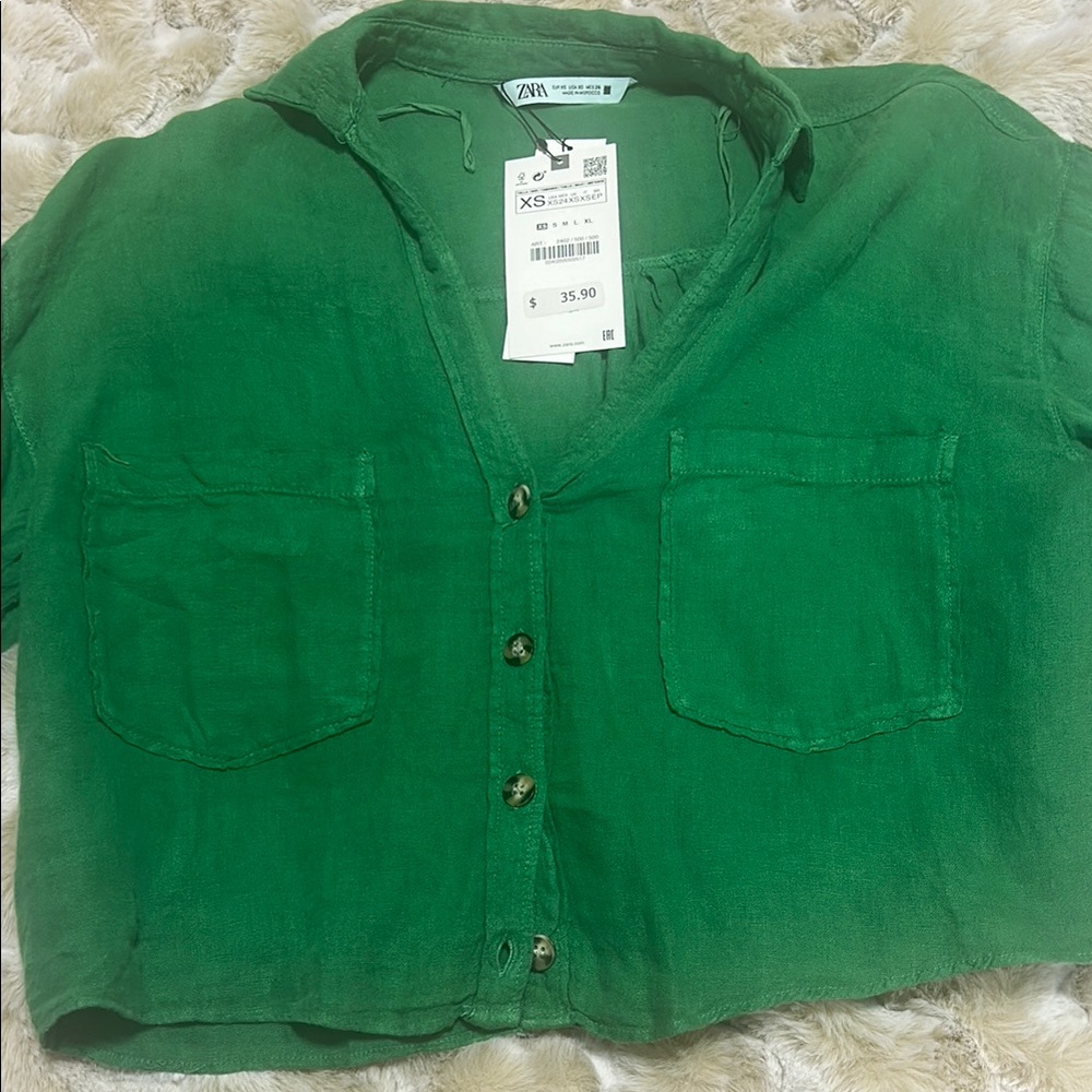 Zara linen blend cropped short sleeve shirt